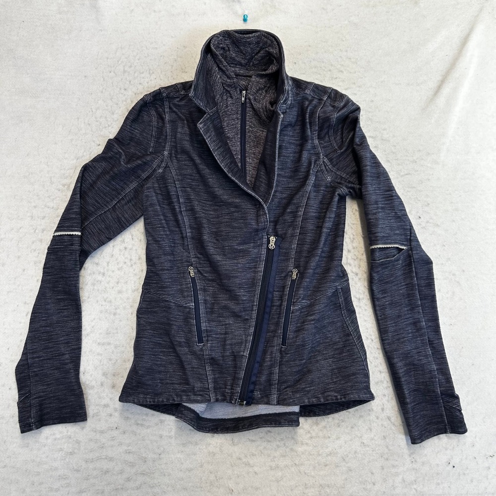 Lululemon Post Practice Jacket Womens 8 Navy Blue Space Dye Asymmetrical Zip